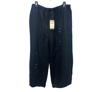 NWT Vivid Black Linen Elastic Waist Pants Colorful Stitch Details Large lagenloo